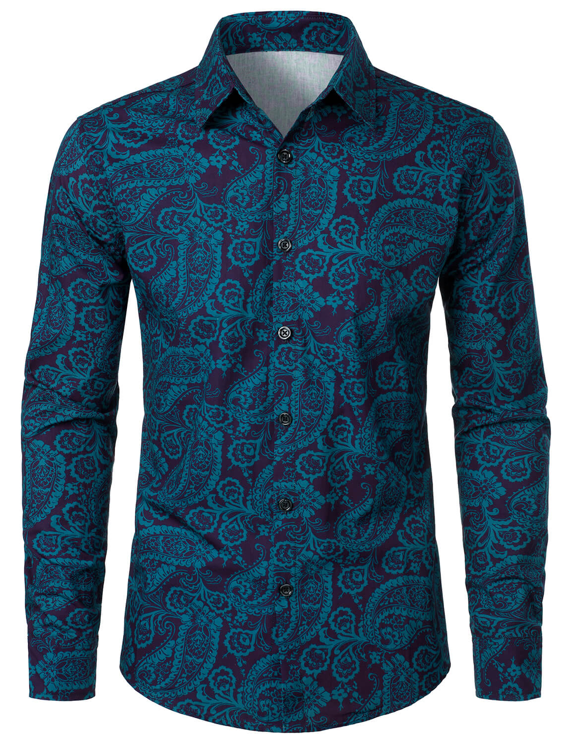 Crown Gentleman™ | Blue Cotton Long-Sleeve Shirt with Paisley Print