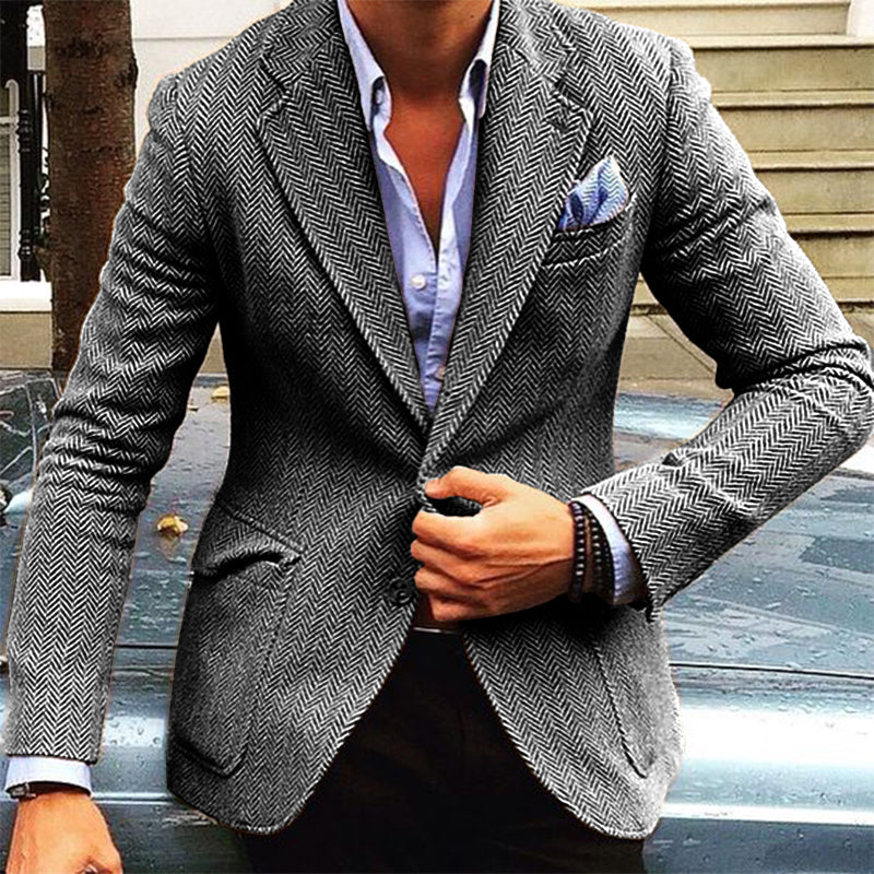 Crown Gentleman™ | Vintage Herringbone Lapel Single Breasted Blazer