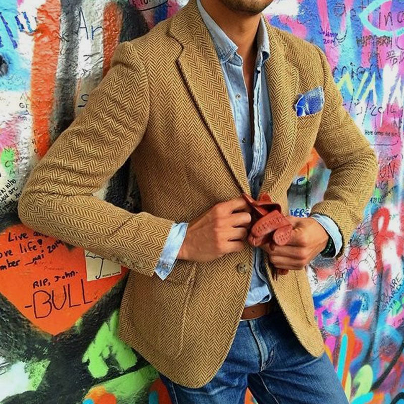 Crown Gentleman™ | Vintage Herringbone Lapel Single Breasted Blazer