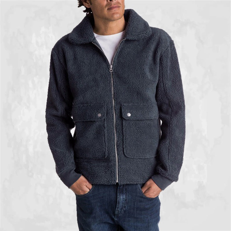 Crown Gentleman™ | Navy Lapel Padded Plush Jacket with Large Pockets